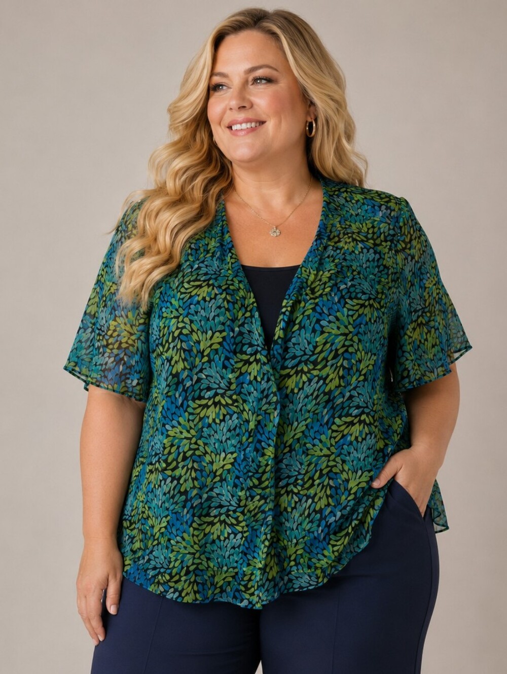 Maggie Barnes. Teal & Green Leaf-Print Short-Sleeve Blouse
